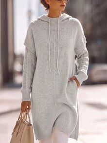 Sprig & Strand Sweater Pullover Wanita Warna Abu-abu Muda Lembut Model Longgar Berkerudung Rajut Kabel Patchwork Lengan Panjang Sedang Belahan Samping Model Slimming Fladding - Grey - View 1