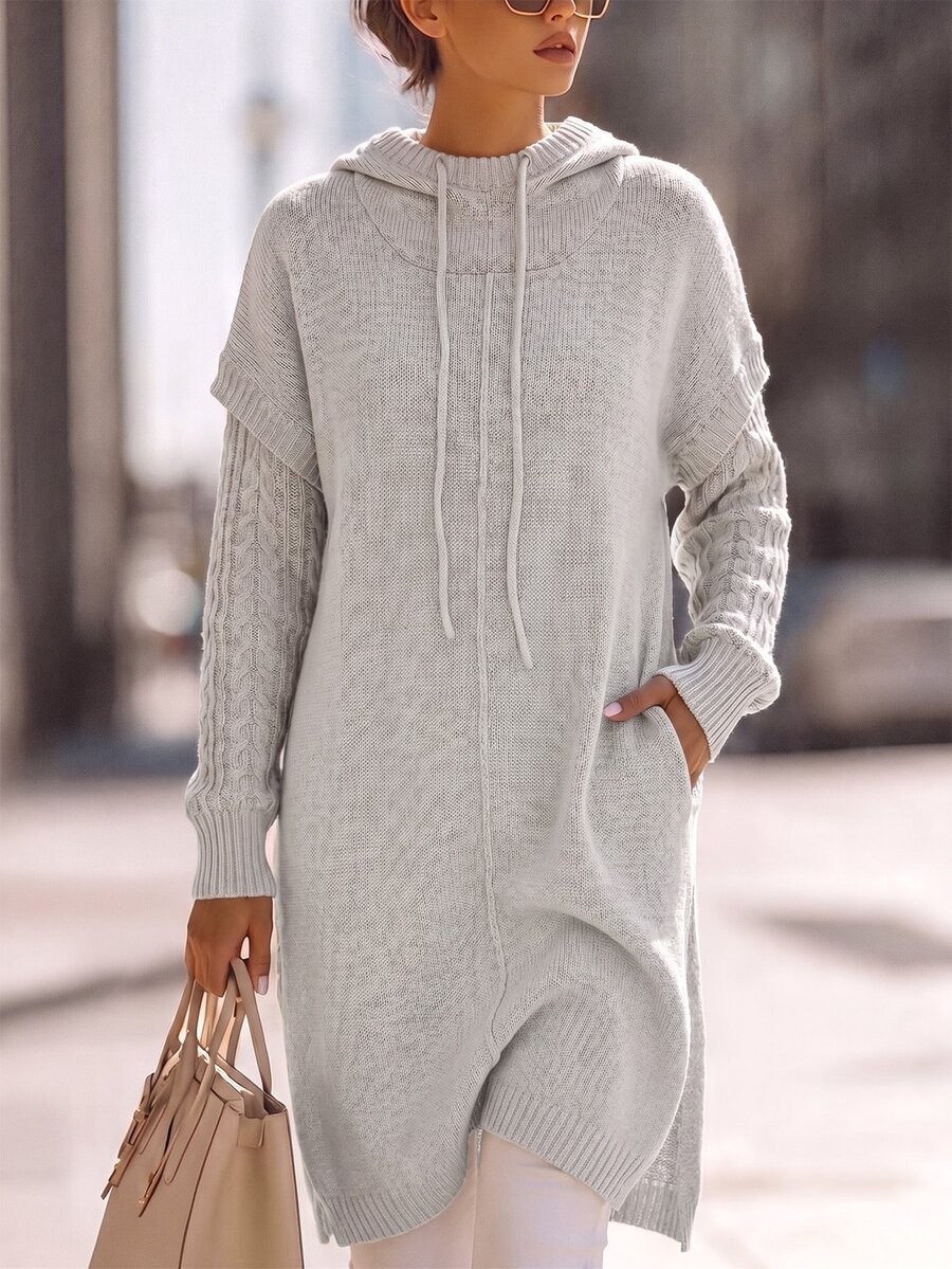 Sprig & Strand Sweater Pullover Wanita Warna Abu-abu Muda Lembut Model Longgar Berkerudung Rajut Kabel Patchwork Lengan Panjang Sedang Belahan Samping Model Slimming Fladding - Grey - View 1