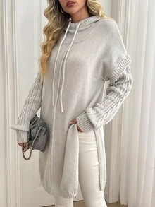Sprig & Strand Sweater Pullover Wanita Warna Abu-abu Muda Lembut Model Longgar Berkerudung Rajut Kabel Patchwork Lengan Panjang Sedang Belahan Samping Model Slimming Fladding - Grey - View 3