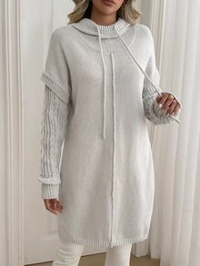 Sprig & Strand Sweater Pullover Wanita Warna Abu-abu Muda Lembut Model Longgar Berkerudung Rajut Kabel Patchwork Lengan Panjang Sedang Belahan Samping Model Slimming Fladding - Grey - View 4