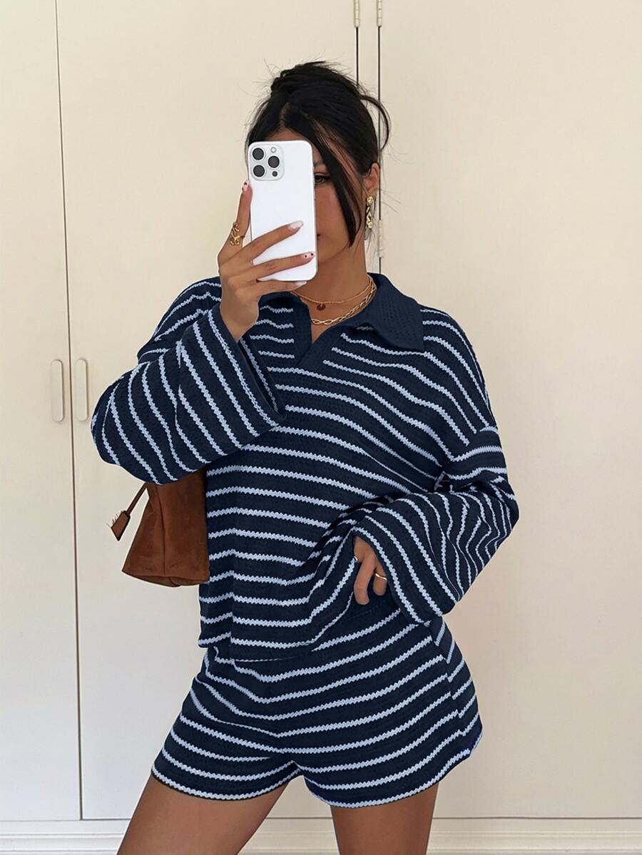 Siren Gaze Women Striped Long Sleeve Top And Shorts 2 Pieces Setworld Cup - Navy Blue - View 1