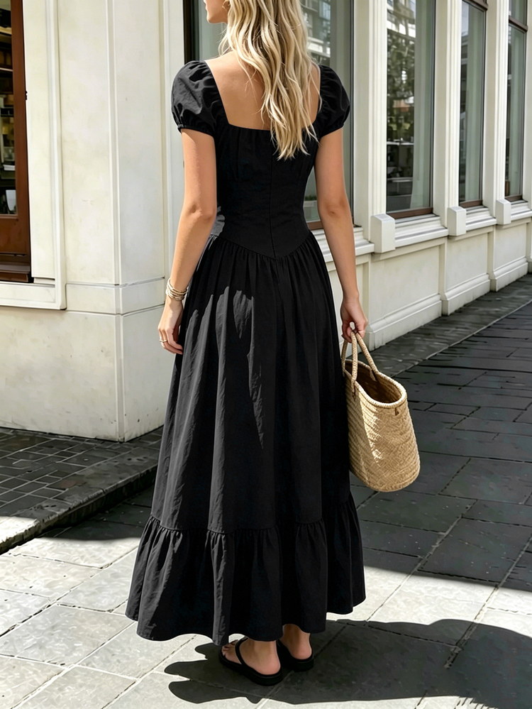 Cévolie Women's Solid Color Square Neck Pleated Dart Cinched Waist Long Dress, Can Be Worn As Off-Shoulder, Suitable For Spring/Summer, Beach Vacation - Black - View 2