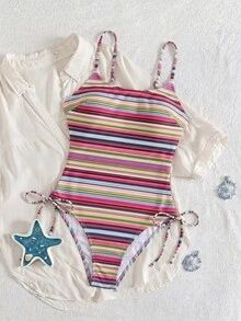 SHEIN Swim 女款春夏最新時尚沙灘裝，藍色與棕色拼接條紋連身比基尼，度假休閒穿搭，優雅性感夏季泳衣 - 彩色 - 查看 3