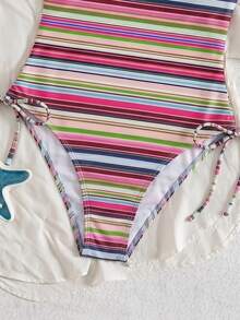 SHEIN Swim 女款春夏最新時尚沙灘裝，藍色與棕色拼接條紋連身比基尼，度假休閒穿搭，優雅性感夏季泳衣 - 彩色 - 查看 4