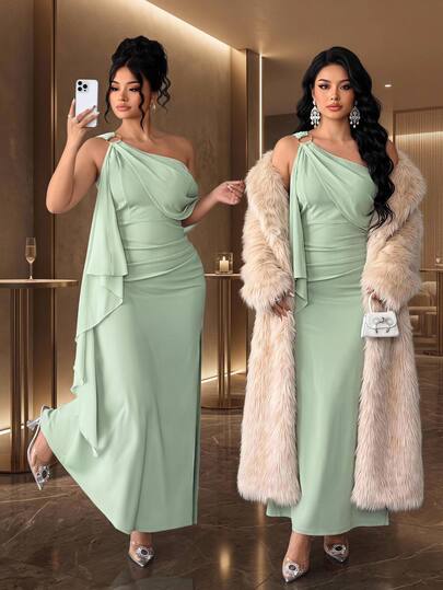 Cravure Plus Size Knitted & Chiffon Patchwork Asymmetrical Shoulder Dress With Ring Detail, Layered Ruffle Trim, Cinched Waist, A-Line Hip Gathered Side Slit Long Dress, Elegant Minimalist Chic For Outing, Date And Party