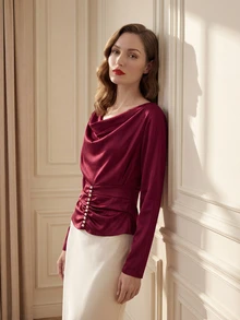 Suri Mira Kemeja Wanita Gaya Prancis Minimalis Warna Hitam Polos dengan Kerah Bergelombang, Pinggang Terikat, Kancing Mutiara, dan Desain Lipit, Model Baru untuk Musim Dingin - Rose Red - View 3