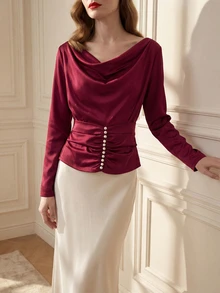 Suri Mira Kemeja Wanita Gaya Prancis Minimalis Warna Hitam Polos dengan Kerah Bergelombang, Pinggang Terikat, Kancing Mutiara, dan Desain Lipit, Model Baru untuk Musim Dingin - Rose Red - View 4