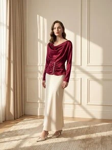 Suri Mira Kemeja Wanita Gaya Prancis Minimalis Warna Hitam Polos dengan Kerah Bergelombang, Pinggang Terikat, Kancing Mutiara, dan Desain Lipit, Model Baru untuk Musim Dingin - Rose Red - View 5
