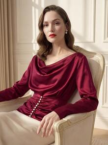 Suri Mira Kemeja Wanita Gaya Prancis Minimalis Warna Hitam Polos dengan Kerah Bergelombang, Pinggang Terikat, Kancing Mutiara, dan Desain Lipit, Model Baru untuk Musim Dingin - Rose Red - View 1