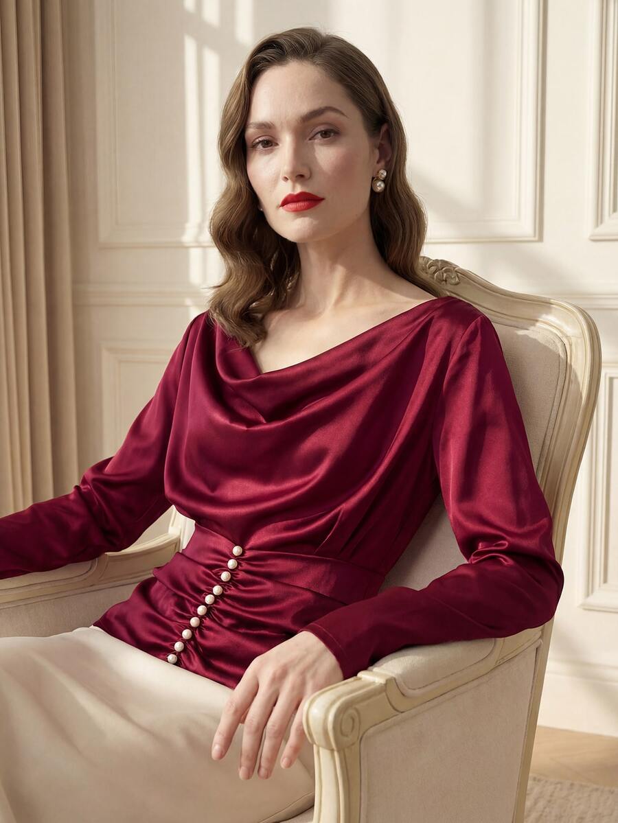 Suri Mira Kemeja Wanita Gaya Prancis Minimalis Warna Hitam Polos dengan Kerah Bergelombang, Pinggang Terikat, Kancing Mutiara, dan Desain Lipit, Model Baru untuk Musim Dingin - Rose Red - View 1