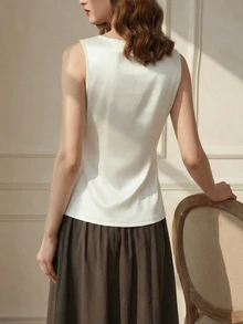 Suri Mira Upgrade Version Satin Minimalist Commuter Square Neck Cardigan Casual Vest, Tops For Women Elegant Classy,Summer - White - View 2