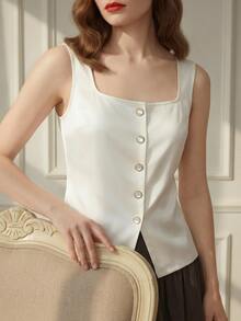 Suri Mira Upgrade Version Satin Minimalist Commuter Square Neck Cardigan Casual Vest, Tops For Women Elegant Classy,Summer - White - View 7