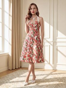 Suri Mira Women's Floral Print Pleated Casual Vintage French Romantic Party Garden Brunch Halter Neck Dress Wedding White And Blue Summer - Multicolor - View 2