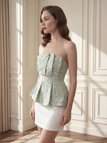 Suri Mira Women's Luxury Elegant Floral Bandeau Asymmetrical Top - Green - View 5