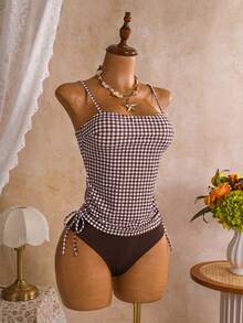 SHEIN Swim 女款坦克尼套裝，羅紋布料碎花泳褲，雙肩帶泳衣，休閒海灘度假坦克背心坦克尼 - 咖啡棕 - 查看 6