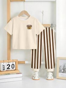 Baby Boys Loose Fit Casual Sports Minimalist Comfortable Short Sleeve T-Shirt And Long Pants 2 Pieces Set Suitable For Spring And Summer - Multicolor - View 2