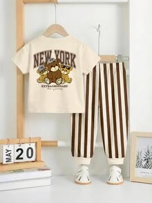 Baby Boys Loose Fit Casual Sports Minimalist Comfortable Short Sleeve T-Shirt And Long Pants 2 Pieces Set Suitable For Spring And Summer - Multicolor - View 3
