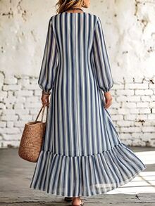 SHEIN Vintage Navy Blue Vertical Striped Ruffled V-Neck Chiffon Long Dress, Loose Fit Lantern Long Sleeve Lightweight Dress - Blue and White - View 2