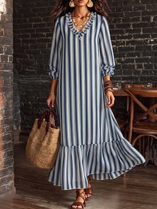 SHEIN Vintage Navy Blue Vertical Striped Ruffled V-Neck Chiffon Long Dress, Loose Fit Lantern Long Sleeve Lightweight Dress - Blue and White - View 6