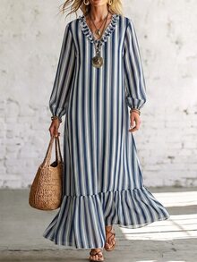 SHEIN Vintage Navy Blue Vertical Striped Ruffled V-Neck Chiffon Long Dress, Loose Fit Lantern Long Sleeve Lightweight Dress - Blue and White - View 7