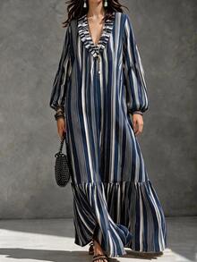 SHEIN Vintage Navy Blue Vertical Striped Ruffled V-Neck Chiffon Long Dress, Loose Fit Lantern Long Sleeve Lightweight Dress - Blue and White - View 1