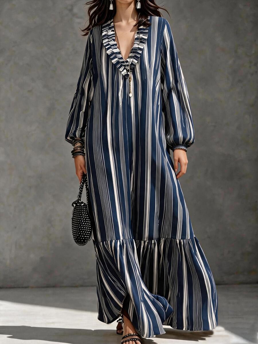 SHEIN Vintage Navy Blue Vertical Striped Ruffled V-Neck Chiffon Long Dress, Loose Fit Lantern Long Sleeve Lightweight Dress - Blue and White - View 1