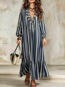SHEIN Vintage Navy Blue Vertical Striped Ruffled V-Neck Chiffon Long Dress, Loose Fit Lantern Long Sleeve Lightweight Dress - Blue and White - View 4