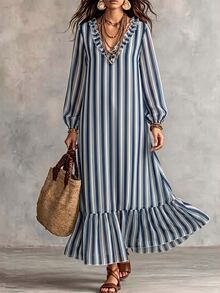 SHEIN Vintage Navy Blue Vertical Striped Ruffled V-Neck Chiffon Long Dress, Loose Fit Lantern Long Sleeve Lightweight Dress - Blue and White - View 5