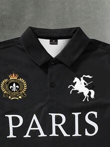 STYNVO 男士字母騎士印花長袖休閒 Polo 衫 - 黑色 - 查看 3