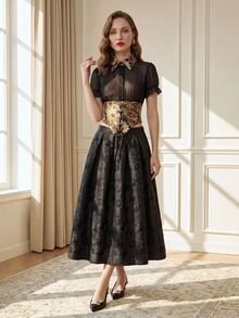Suri Mira Jacquard Mesh Patchwork Lace-Up Bow Front Opening Petal Sleeve Collared Sheer Vintage Elegant, Birthday Party Evening Dinner Party Date Winter/Autumn - Black - View 8
