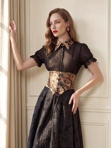 Suri Mira Jacquard Mesh Patchwork Lace-Up Bow Front Opening Petal Sleeve Collared Sheer Vintage Elegant, Birthday Party Evening Dinner Party Date Winter/Autumn - Black - View 1