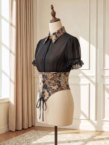 Suri Mira Jacquard Mesh Patchwork Lace-Up Bow Front Opening Petal Sleeve Collared Sheer Vintage Elegant, Birthday Party Evening Dinner Party Date Winter/Autumn - Black - View 3