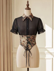Suri Mira Jacquard Mesh Patchwork Lace-Up Bow Front Opening Petal Sleeve Collared Sheer Vintage Elegant, Birthday Party Evening Dinner Party Date Winter/Autumn - Black - View 4