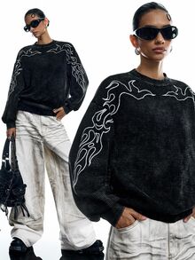 LYSMO 女款火焰刺繡圓領長袖寬鬆休閒街頭風搖滾衛衣，日常外出穿著，黑白配色，秋季 - 黑色 - 查看 4
