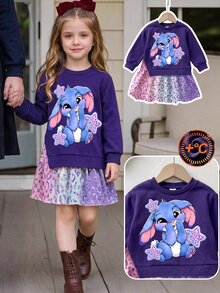 SHEIN Playful Pals 女童 2 合 1 衛衣洋裝，長袖，可愛卡通漸層豹紋印花，休閒仙女牛仔風洋裝，適合秋冬 7 歲生日，紫色 - 彩色 - 查看 3