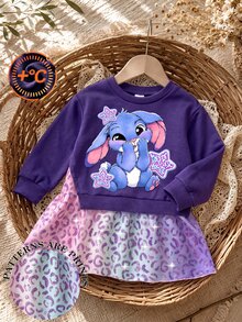 SHEIN Playful Pals 女童 2 合 1 衛衣洋裝，長袖，可愛卡通漸層豹紋印花，休閒仙女牛仔風洋裝，適合秋冬 7 歲生日，紫色 - 彩色 - 查看 1