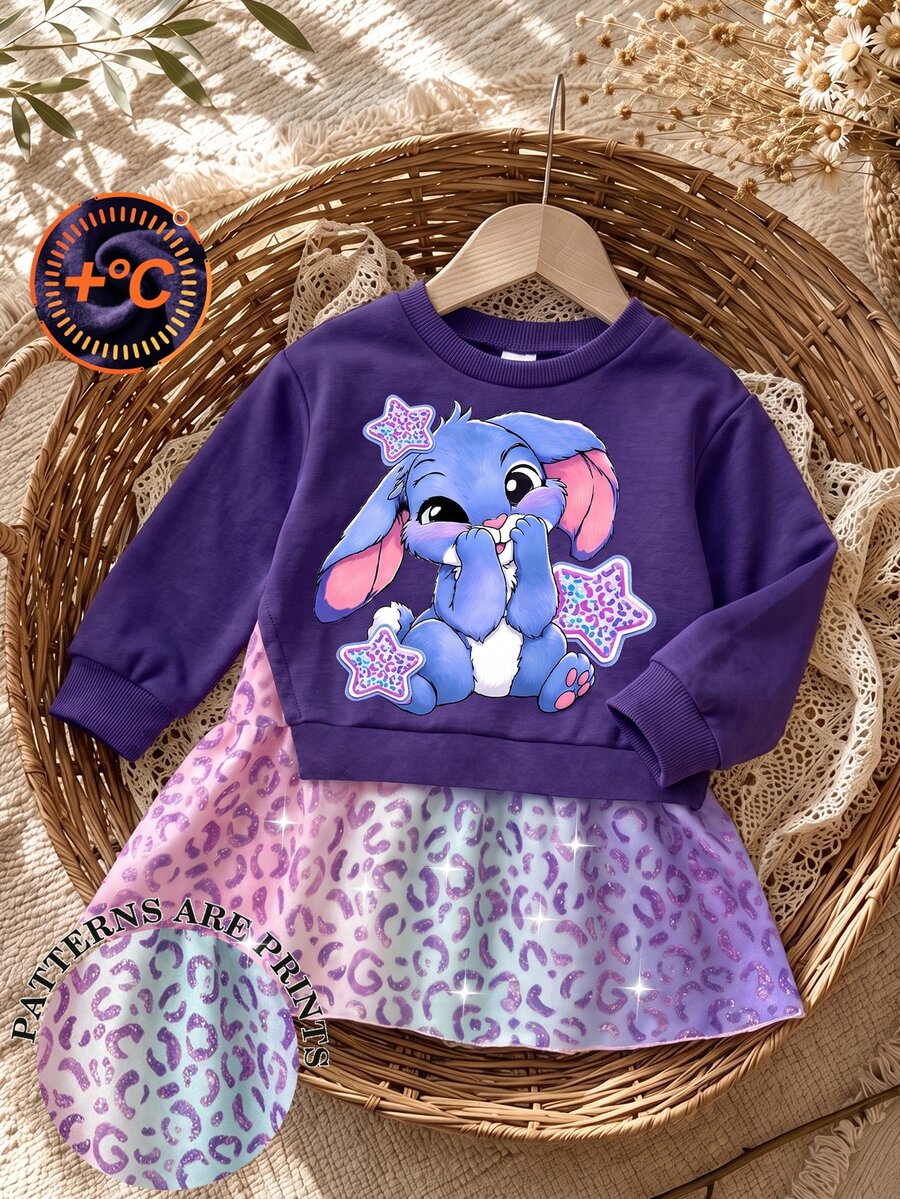 SHEIN Playful Pals 女童 2 合 1 衛衣洋裝,長袖,可愛卡通漸層豹紋印花,休閒仙女牛仔風洋裝,適合秋冬 7 歲生日,紫色 - 彩色 - 查看 1