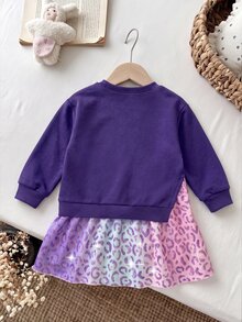 SHEIN Playful Pals 女童 2 合 1 衛衣洋裝，長袖，可愛卡通漸層豹紋印花，休閒仙女牛仔風洋裝，適合秋冬 7 歲生日，紫色 - 彩色 - 查看 2