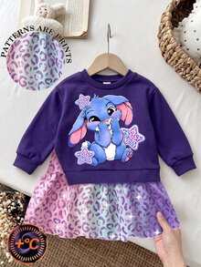 SHEIN Playful Pals 女童 2 合 1 衛衣洋裝，長袖，可愛卡通漸層豹紋印花，休閒仙女牛仔風洋裝，適合秋冬 7 歲生日，紫色 - 彩色 - 查看 5