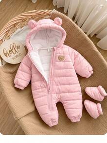 SHEIN Newborn Baby Girl Cute Autumn/Winter Thermal Lined Cartoon Pattern Hooded Padded Coat - Pink - View 4