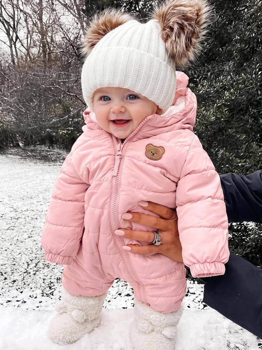 SHEIN Newborn Baby Girl Cute Autumn/Winter Thermal Lined Cartoon Pattern Hooded Padded Coat - Pink - View 1