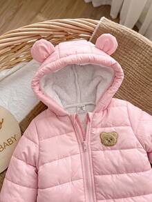 SHEIN Newborn Baby Girl Cute Autumn/Winter Thermal Lined Cartoon Pattern Hooded Padded Coat - Pink - View 5
