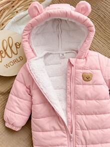 SHEIN Newborn Baby Girl Cute Autumn/Winter Thermal Lined Cartoon Pattern Hooded Padded Coat - Pink - View 3