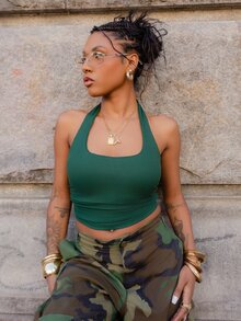 thauolivs Summer & Spring Fashion Green Padded Music Festival Sexy Cropped Spaghetti Strap Backless Camisole Tank Top For Women Halter Top Going Out Tops - Dark Green - View 1