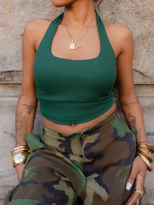 thauolivs Summer & Spring Fashion Green Padded Music Festival Sexy Cropped Spaghetti Strap Backless Camisole Tank Top For Women Halter Top Going Out Tops - Dark Green - View 4