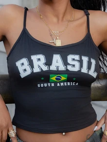 thauolivs 女士休闲 BRASIL 文字图案性感吊带背心，适合夏季 - 黑色 - 查看 4