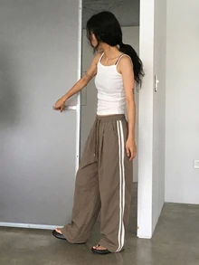 DAZY Women's Elastic Waist Patchwork Tape Loose Street Style Long Pants, All Season Fall - Khaki - View 2