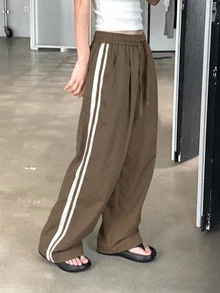 DAZY Women's Elastic Waist Patchwork Tape Loose Street Style Long Pants, All Season Fall - Khaki - View 5