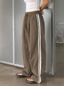 DAZY Women's Elastic Waist Patchwork Tape Loose Street Style Long Pants, All Season Fall - Khaki - View 3