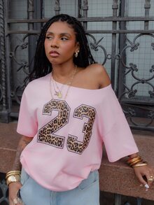 thauolivs Women Loose Leopard Print Oversized Batwing Sleeve T-Shirt, Number 23 Print In Pink - Pink - View 1